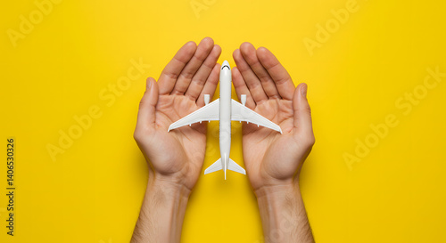 Travel and Logistics Concept with Hands Holding Airplane Model on Yellow Background. Air travel insurance concept. Air travel protection, flight safety.