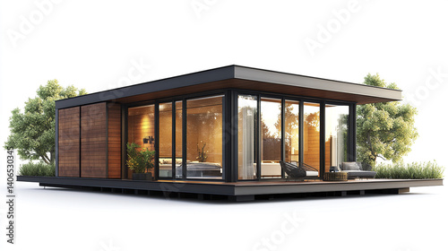 Modern prefabricated house with large windows and wooden panels