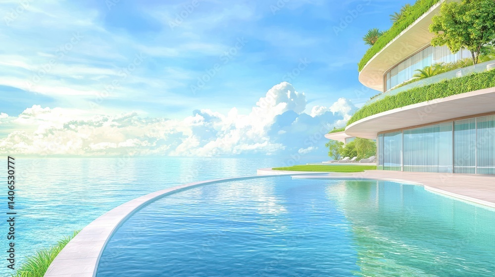 Fototapeta premium Modern waterfront villa with a pool and scenic sky reflections.