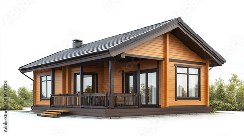 modern prefabricated house with wooden exterior and large windows