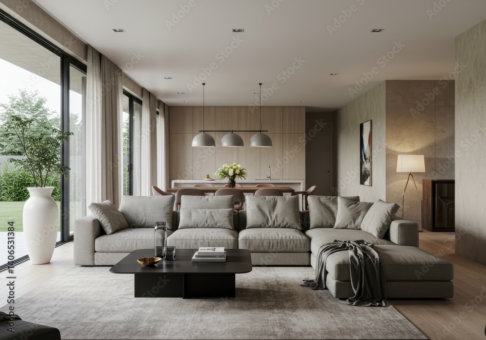 Obraz premium Interior view of a modern living room with a large sofa and dining area in the background space