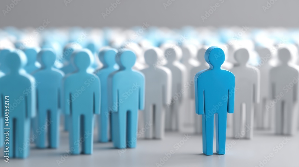 One blue human figure standing out from the crowd of gray figures, symbolizing confidence and a unique style in a professional setting. One blue human figure standing out from the crowd of gray figures, symbolizing confidence and a unique style in a professional setting.