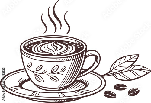 Hand-drawn illustration coffee cup latte design vector isolated on white background.