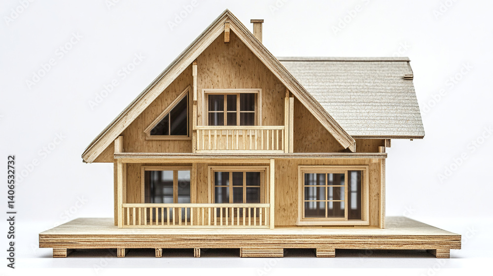 Wooden model house with gabled roof and balcony, showcasing architectural design Wooden model house with gabled roof and balcony, showcasing architectural design