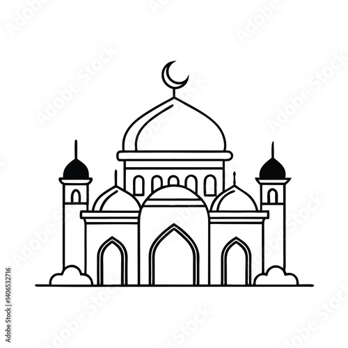 Symmetrical Mosque Illustration with Dunes-Inspired Flowing Lines