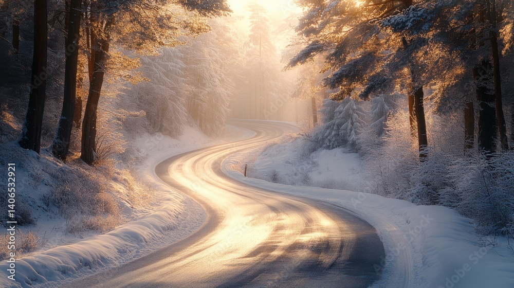 A winding road through a snowy forest, illuminated by warm sunlight, creating a serene and picturesque winter landscape. A winding road through a snowy forest, illuminated by warm sunlight, creating a serene and picturesque winter landscape.