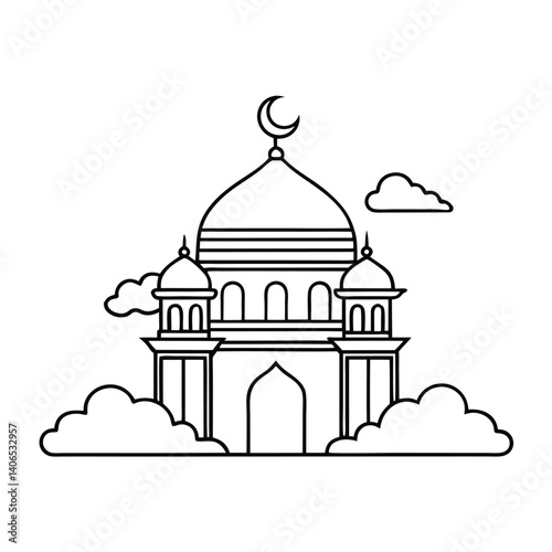 Artistic Ink Illustration of Mosque with Symbolic Motion and Balance
