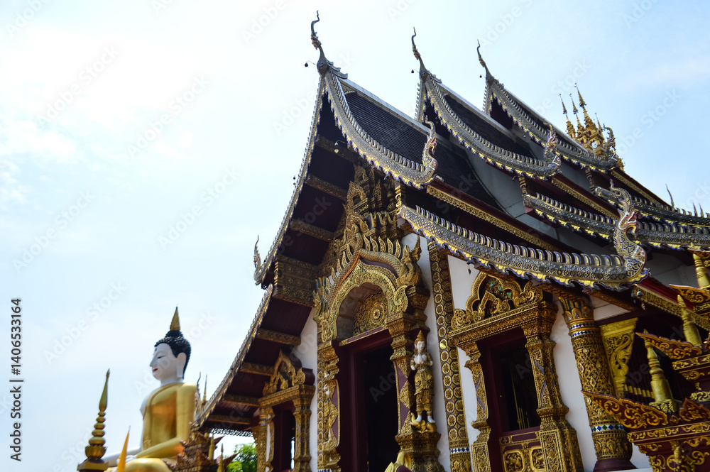 Naklejka premium Chapel, Lanna Architecture,Symbols of Buddhism, South East Asia at Wat Rat Monthian, Chiang Mai, Northern Thailand