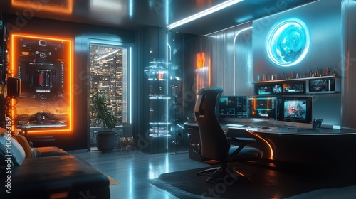 Futuristic Gaming Room: Neon Lights and Cityscape Views