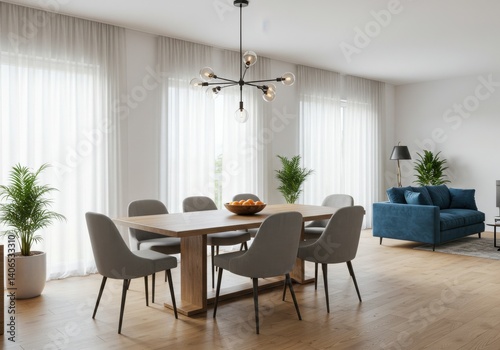 Wallpaper Mural Bright dining room with wooden table gray chairs and a blue sofa in a modern minimalist interior Torontodigital.ca