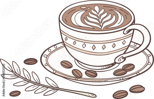 Hand-drawn illustration coffee cup latte design vector isolated on white background.