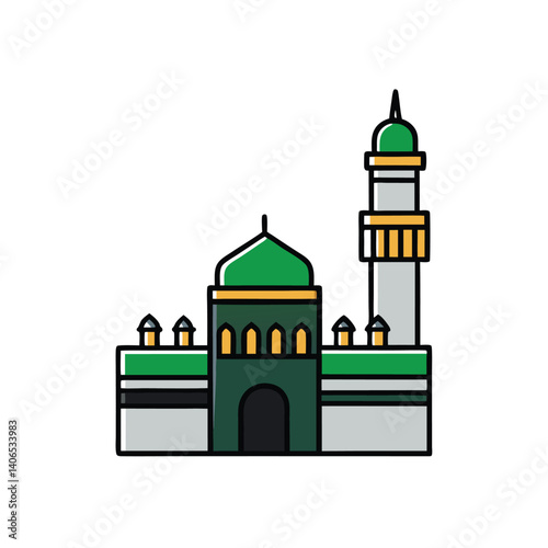 Modern Design of Kaaba and Medina Elements in a Flat Islamic Scene