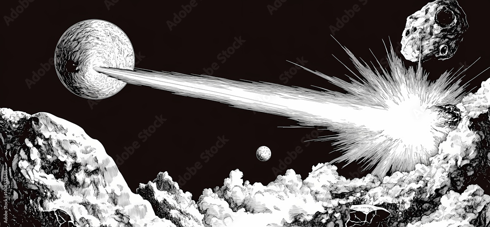 Naklejka premium Comet impacts planet; space rocks explode; cosmic event; science fiction illustration