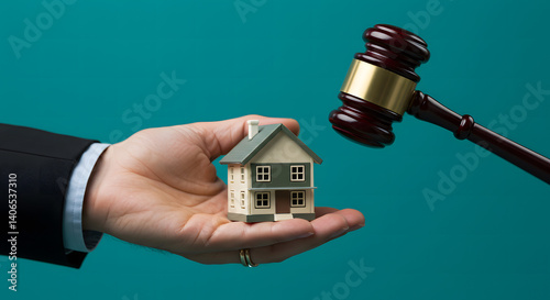 Real estate court decisions. Property inheritance litigation. Establishment of ownership. hand holding the wooden house and the judge's hammer.
