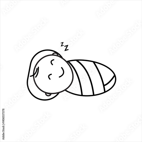 Cute newborn baby sound asleep on a baby mattress, wrapped in a blanket, smiling 
happily, in line icon style.  