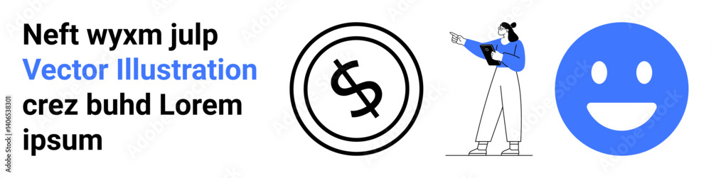 Woman gesturing toward a dollar sign and a happy face, symbolizing communication, finance, and happiness. Ideal for presentations, education, marketing, teamwork, finance emotions creativity Woman gesturing toward a dollar sign and a happy face, symbolizing communication, finance, and happiness. Ideal for presentations, education, marketing, teamwork, finance emotions creativity
