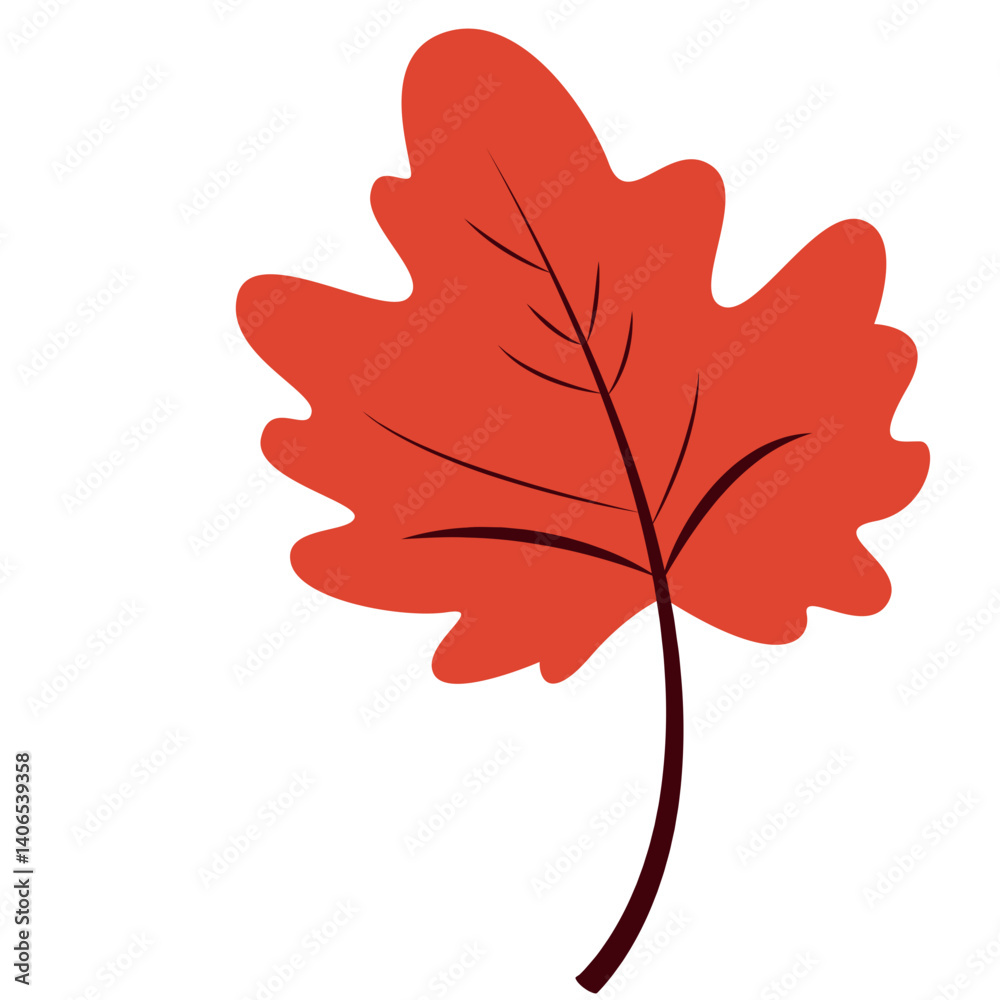 Obraz premium A flat vector illustration of an oak-shaped autumn leaf in warm orange and red tones, ideal for seasonal, botanical, or nature-themed design projects.