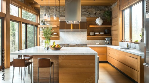 Obraz na płótnie A modern kitchen showcasing wood and stone elements, blending rustic and contemporary design. w salonie