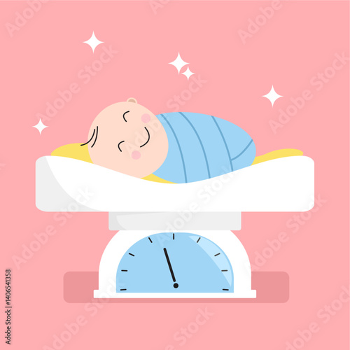 Illustration of a Baby Weight Scale, featuring a baby being weighed in kilograms, manual scale, flat art design style.  
