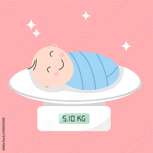 Illustration of a Baby Weight Scale, featuring a baby being weighed in kilograms, digital scale, flat art design style.  