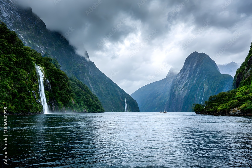 Obraz premium Milford Sound fjord waterfalls and mountains