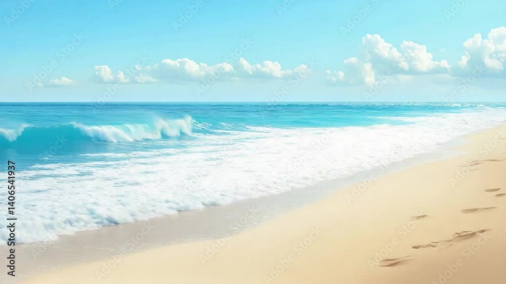 Tranquility at Beach Gentle Waves Lapping Shoreline Under Clear Blue Sky with Fluffy Clouds, Soft Sand and Footprints Evoking Natures Summer Serenity. Tranquility at Beach Gentle Waves Lapping Shoreline Under Clear Blue Sky with Fluffy Clouds, Soft Sand and Footprints Evoking Natures Summer Serenity.