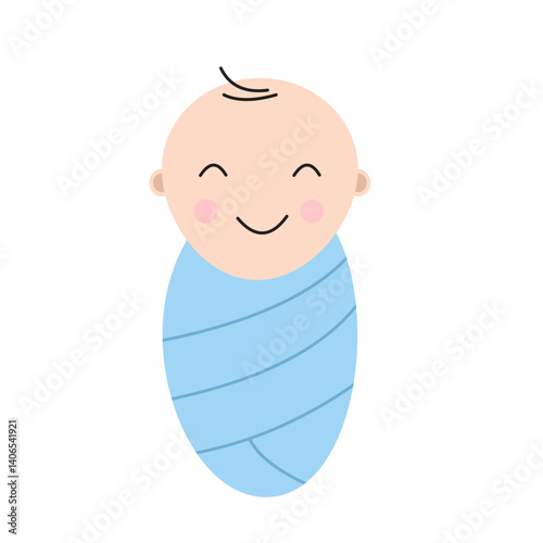 Cute newborn baby wrapped in a blue blanket, swaddled child, baby sleeping with a smile. Flat vector illustration isolated on white background.  