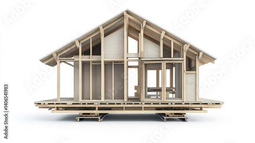 wooden prefabricated house frame on white background