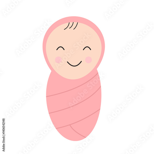 Cute newborn baby wrapped in a pink blanket, swaddled child, baby sleeping with a nipple in mouth. Flat vector illustration isolated on white background.  