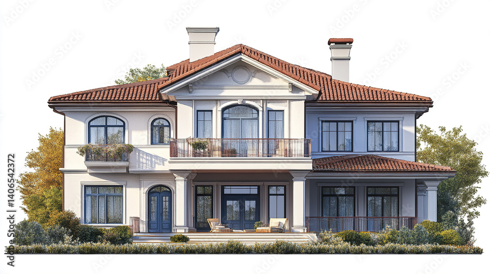 Fototapeta premium Elegant two story house with red roof and large windows, surrounded by greenery