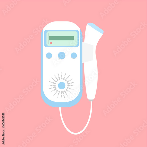Illustration of a Fetal Doppler, symbol of a medical device used to listen to the fetal heartbeat in the womb, handheld device, used in the field of medicine or midwifery, flat art design style.  