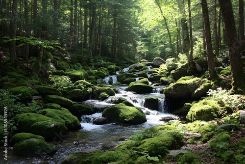 Mountain stream cascading over mossy rocks