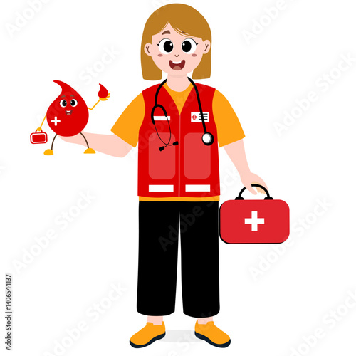illustration of world red cross and red crescent day volunteers. half flat paramedic volunteers. blood donor day concept