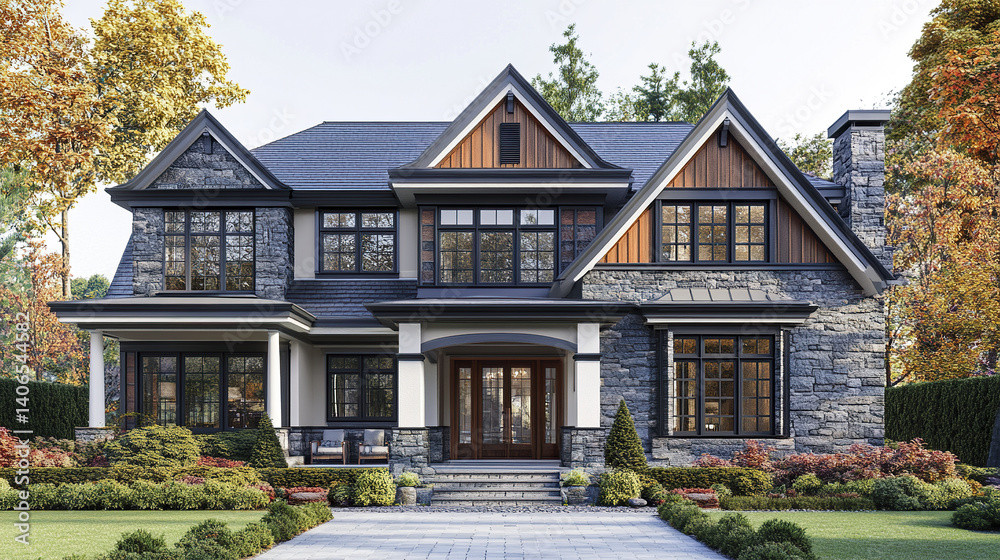 Elegant stone and wood house with lush garden and large windows Elegant stone and wood house with lush garden and large windows