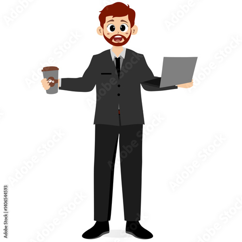 Businessman holding laptop and coffee, business activities. Man in suit with smile, full body photo