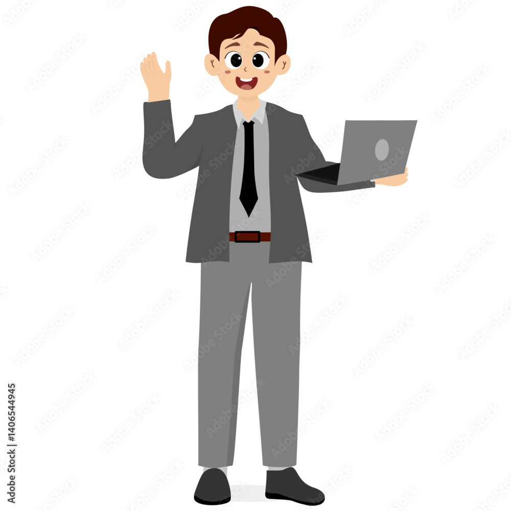 Businessman holding laptop, business activities. Man in suit with smile, full body photo Businessman holding laptop, business activities. Man in suit with smile, full body photo