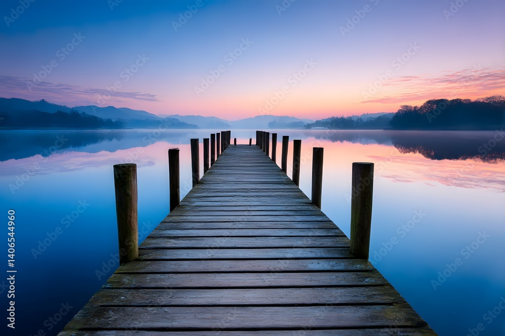 Old wooden pier extending into calm lake Old wooden pier extending into calm lake