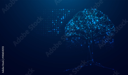 Abstract polygonal tree innovation with digital code. Glittering star dust lights. Polygonal futuristic style. Graphic concept for your design