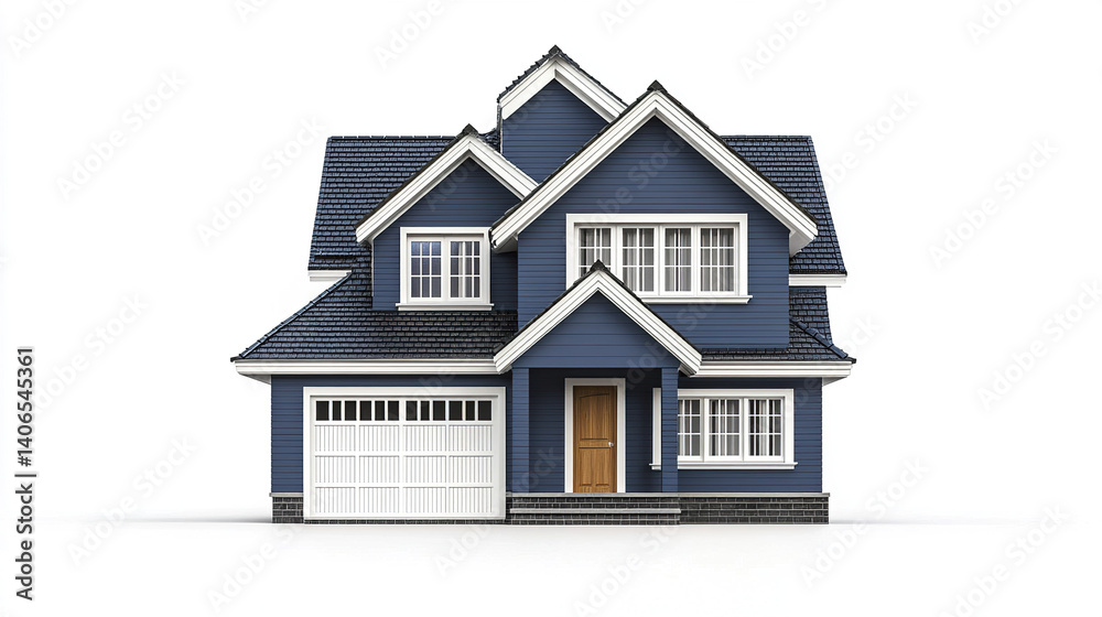 Blue house with white accents and garage on white background Blue house with white accents and garage on white background
