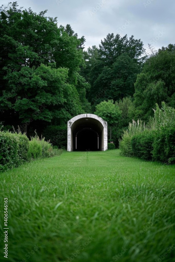 Fototapeta premium there is a tunnel in the middle of a field with trees in the background