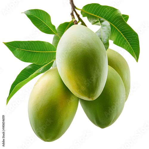 Fresh Green Mangoes with Glossy Leaves Isolated on Transparent Background,green mango with leaf,Mangoes with Lush Leaves, tropical fruit, healthy food,green leaf,Cluster of Fresh Green Mangoes,Ai