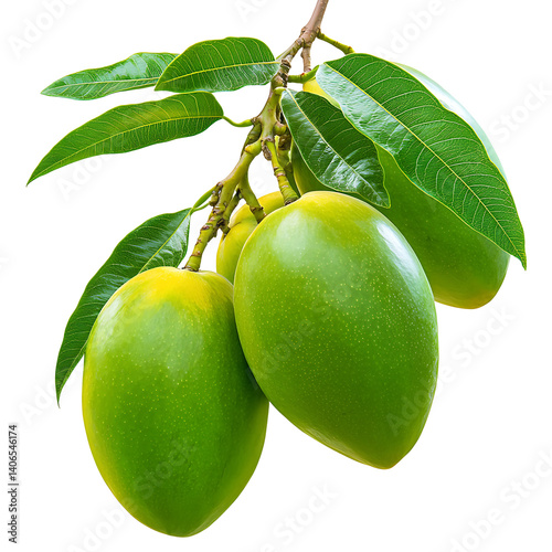 Fresh Green Mangoes with Glossy Leaves Isolated on Transparent Background,green mango with leaf,Mangoes with Lush Leaves, tropical fruit, healthy food,green leaf,Cluster of Fresh Green Mangoes,Ai