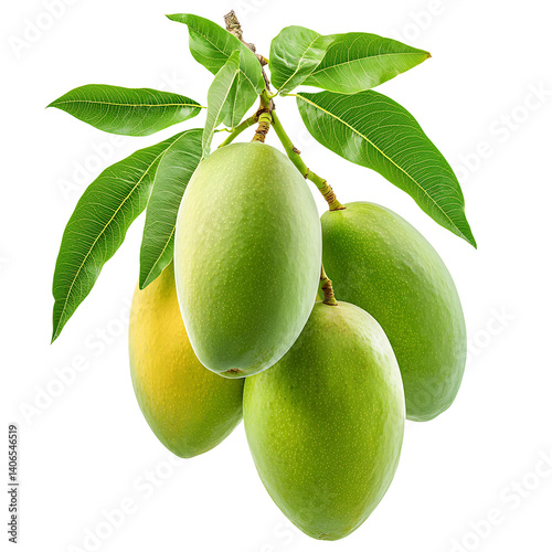 Fresh Green Mangoes with Glossy Leaves Isolated on Transparent Background,green mango with leaf,Mangoes with Lush Leaves, tropical fruit, healthy food,green leaf,Cluster of Fresh Green Mangoes,Ai