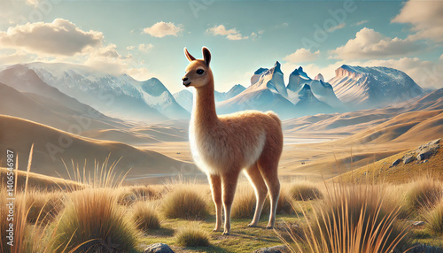 A delicate and elegant vicuña standing on a grassy plateau in the Andes Mountains