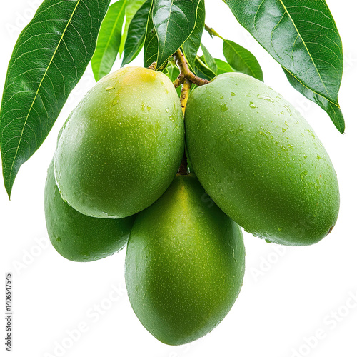 Fresh Green Mangoes with Glossy Leaves Isolated on Transparent Background,green mango with leaf,Mangoes with Lush Leaves, tropical fruit, healthy food,green leaf,Cluster of Fresh Green Mangoes,Ai