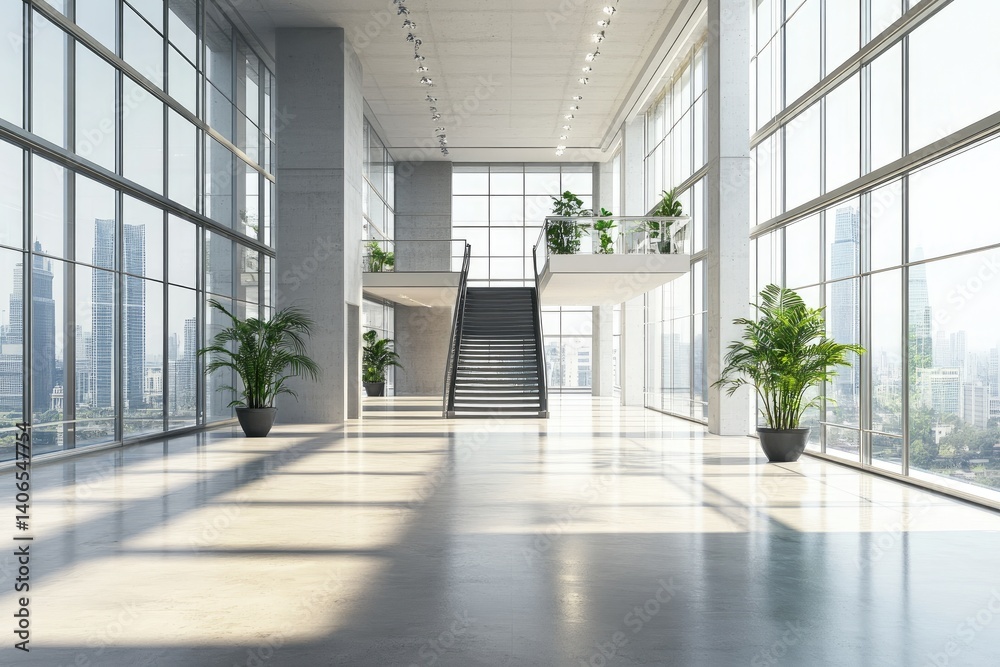 Fototapeta premium Modern spacious office lobby with city views