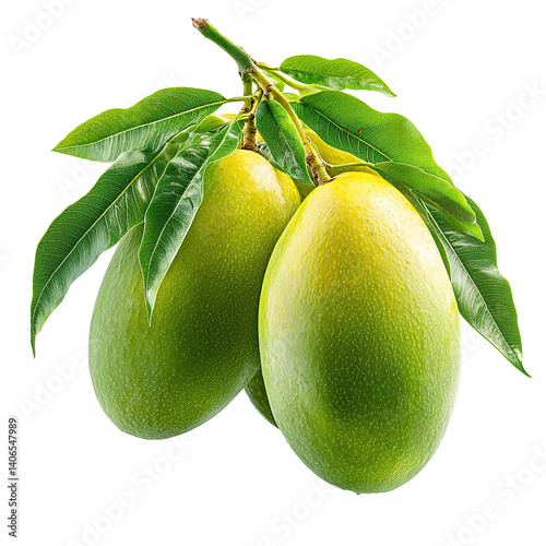 Fresh Green Mangoes with Glossy Leaves Isolated on Transparent Background,green mango with leaf,Mangoes with Lush Leaves, tropical fruit, healthy food,green leaf,Cluster of Fresh Green Mangoes,Ai