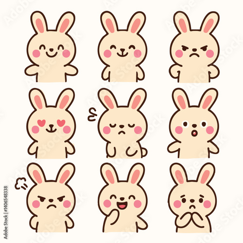 Cute cartoon rabbits display range of emotions including happiness, surprise, anger, and shyness. These adorable characters are perfect for celebrating Easter day with joy and fun