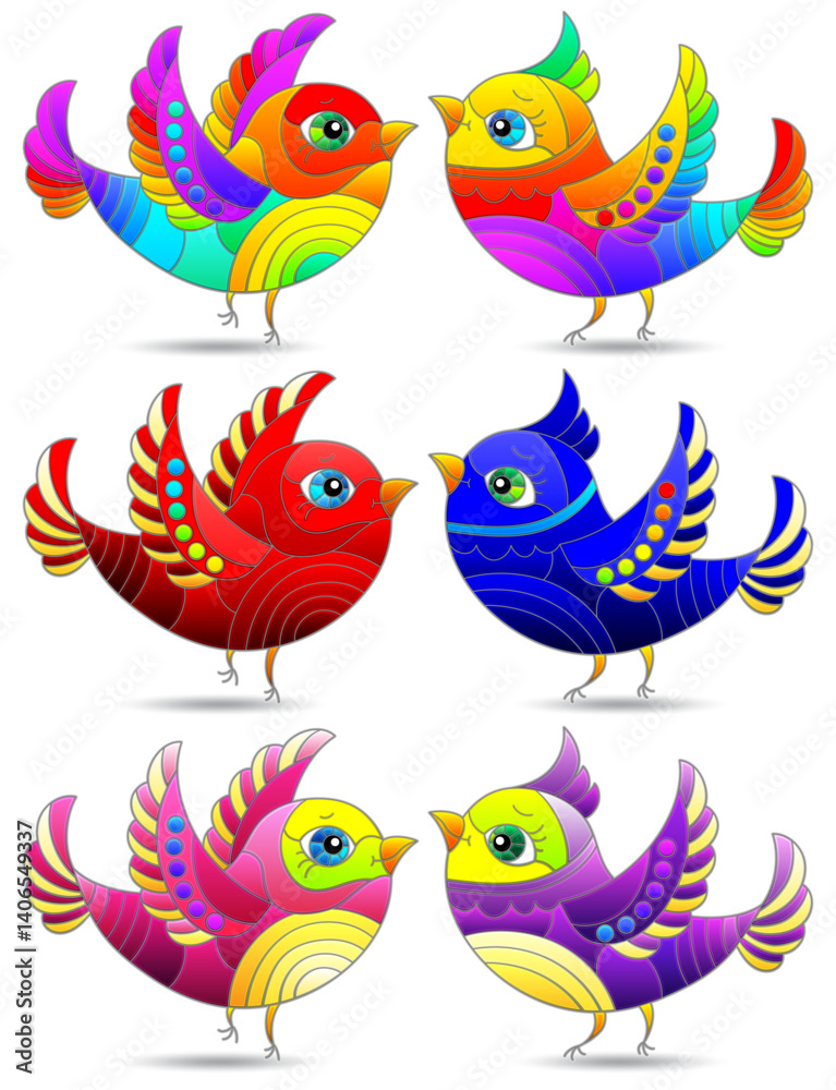 Fototapeta premium An illustration in the style of a stained glass window with bright cute birds, animals isolated on a white background