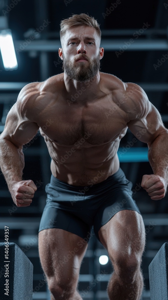 Muscular Athletic Man Posing in Gym with Strong Expression of Focus Muscular Athletic Man Posing in Gym with Strong Expression of Focus